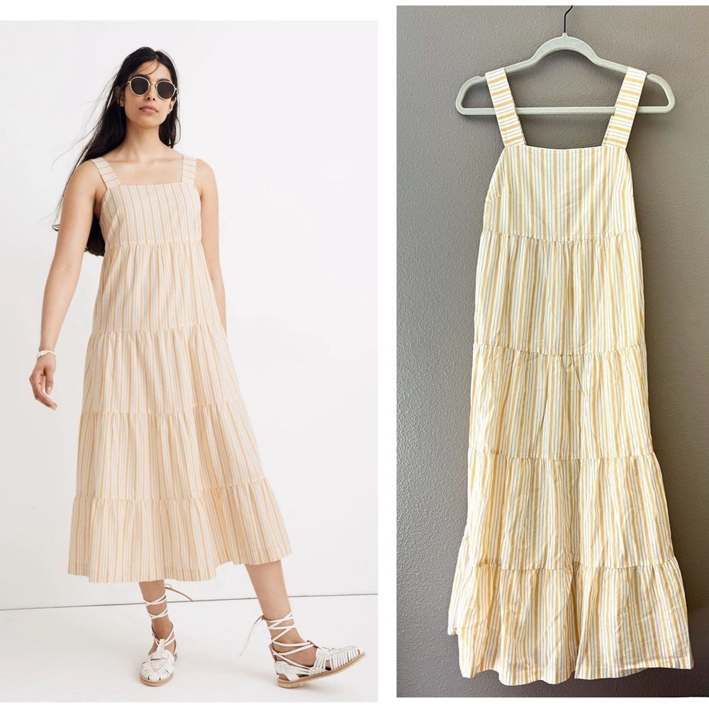 Madewell Striped Button Back Tiered Midi Dress